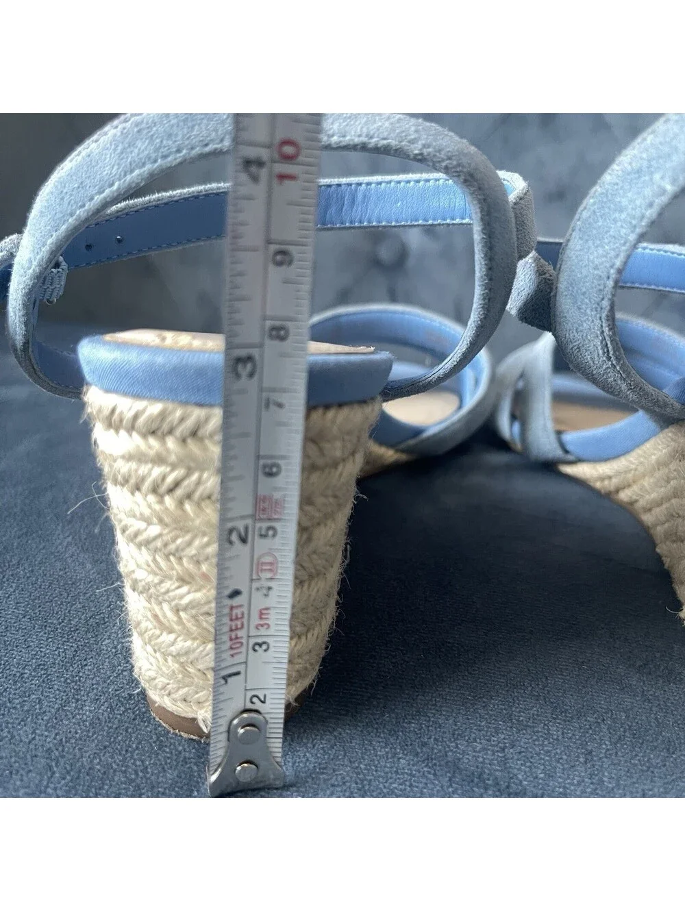 Cole Haan Woman's 6B Jasmine  Espadrille Wedge Blue Suede Gold 3” Heel Sandals